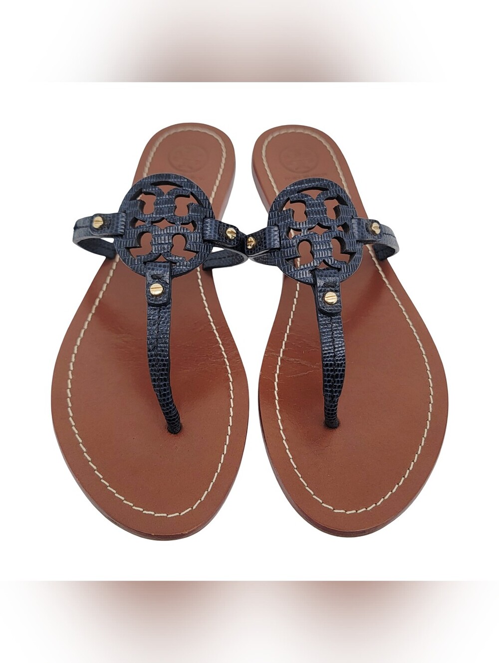 Tory Burch Mini Miller Leather Thong Sandals Navy Blue Lizard Embossed Size 9